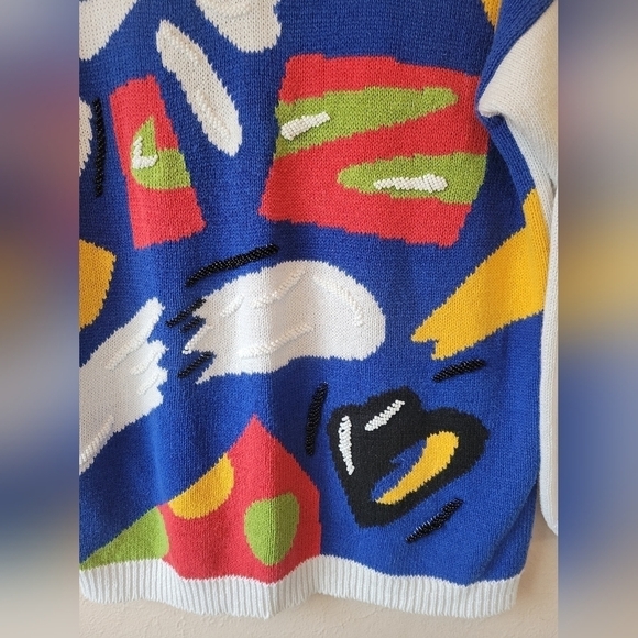 Vintage 90s Geometric Abstract Bright Bold Beaded Oversized Crew Neck Sweater - Picture 4 of 5
